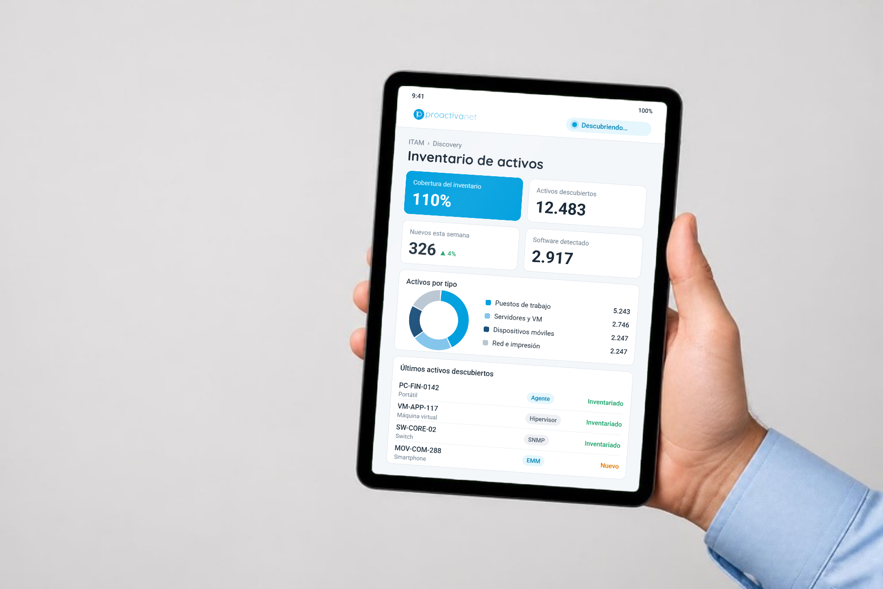 Tablet con el inventario de activos de Discovery de Proactivanet